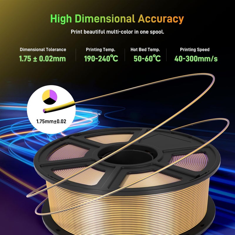 FLASHFORGE Silk Tri-Color PLA Filament 1.75mm, Coextrusion Black Gold Purple Triple Color Rainbow 3D Printer Filament, Enchanting Silk Finish with 360° Multicolor Shifting Color Effect - Image 5